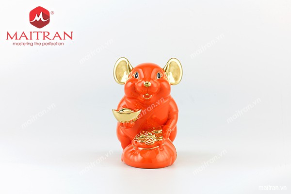 Tượng Chuột Phú 13 cm Màu cam trang trí vàng